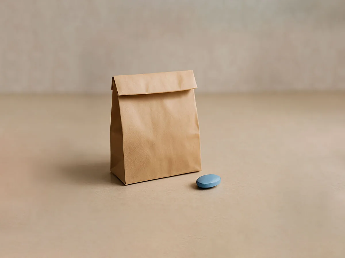 Discreet brown paper bag with a single blue pill on a neutral background, symbolizing private ED medication delivery in the Philippines.